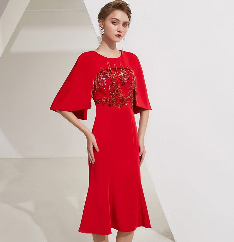 Red slim dress female long high-end banquet host dress skirt dress