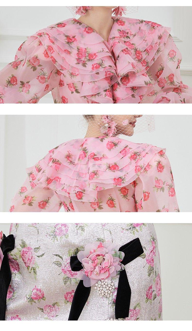 Pink Printed ruffle deep V-neck handmade flower slim suit - Bey