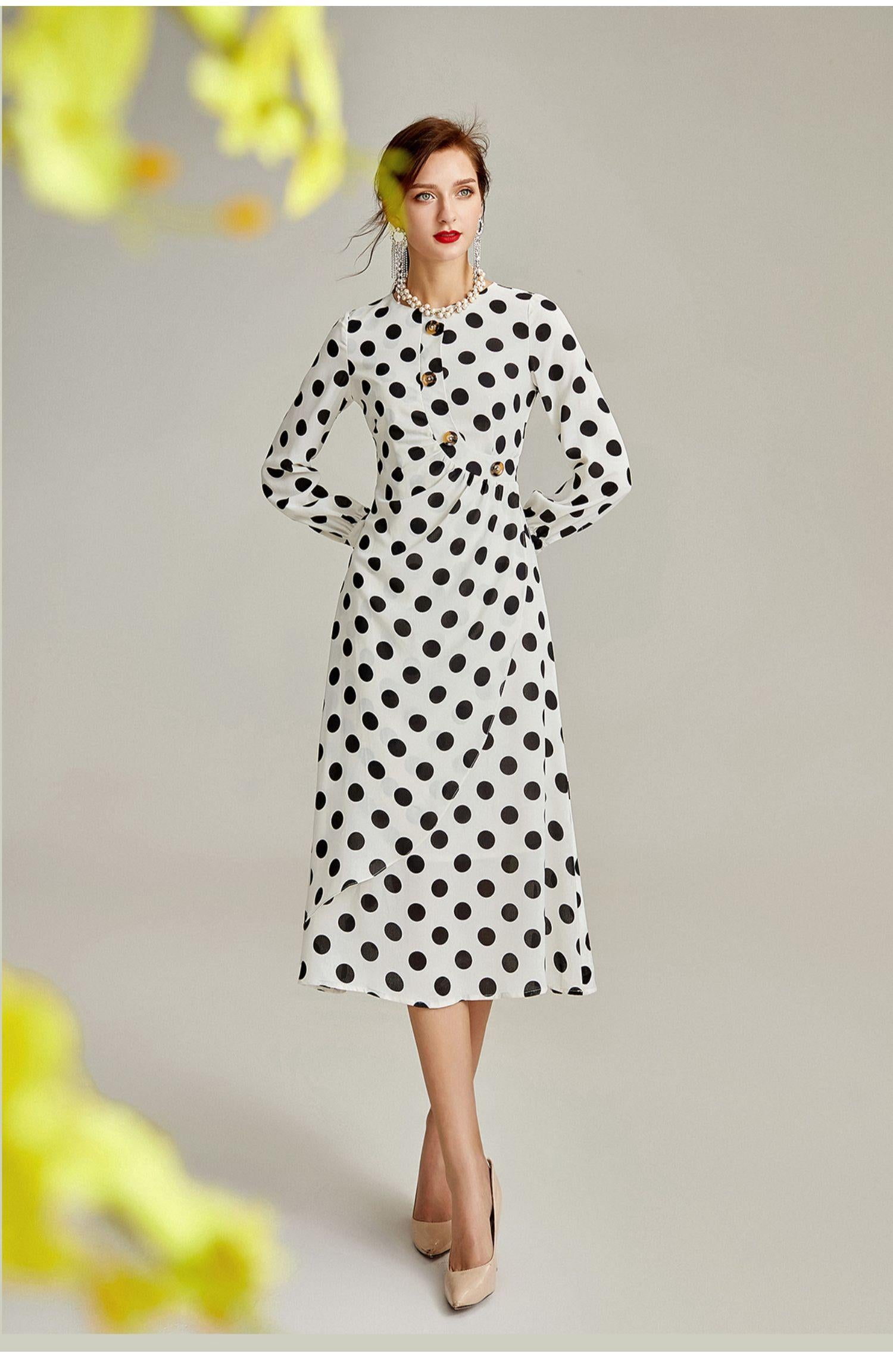 Designer long sleeves vintage inspired retro French Black and White polka dot midi dress