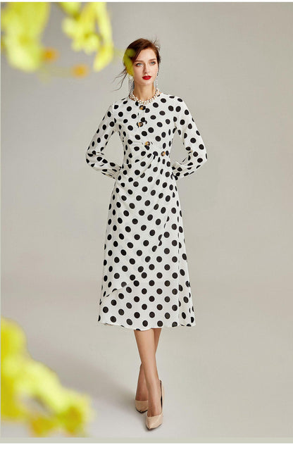 Designer long sleeves vintage inspired retro French black and white polka dot midi dress - Marie