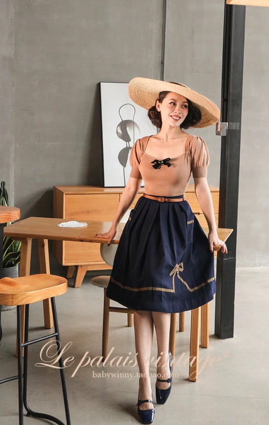 Le Palais Vintage Retro 50s Navy Blue Bow Pleated Big Puff Skirt-Mandy.