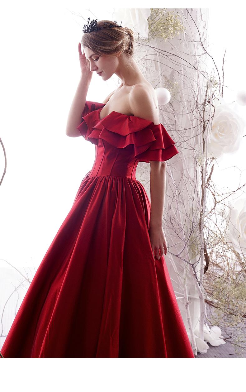 Evening dress female 2019 new sexy word shoulder bride wedding red reception red evening off shoulder boned corset ball gown net  - Dragon Fly