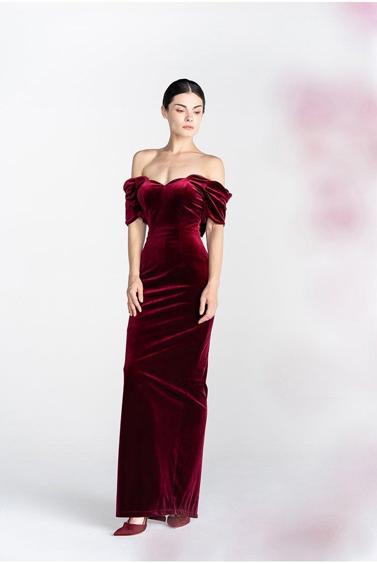 Elegant Cranberry Velvet Dress Light Luxury Retro Velvet Off Shoulder Short Sleeve Wine Red Evening Prom Dress Reda L Elegant Cranberry Velvet Dress Light Luxury Retro Velvet Off Shoulder Short Sleeve Wine Red Evening Prom Dress Reda L