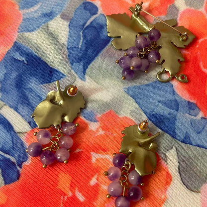 Le Palais Vintage Retro Elegant Small Mini Grape Earrings + Grape Brooch-Quincy.