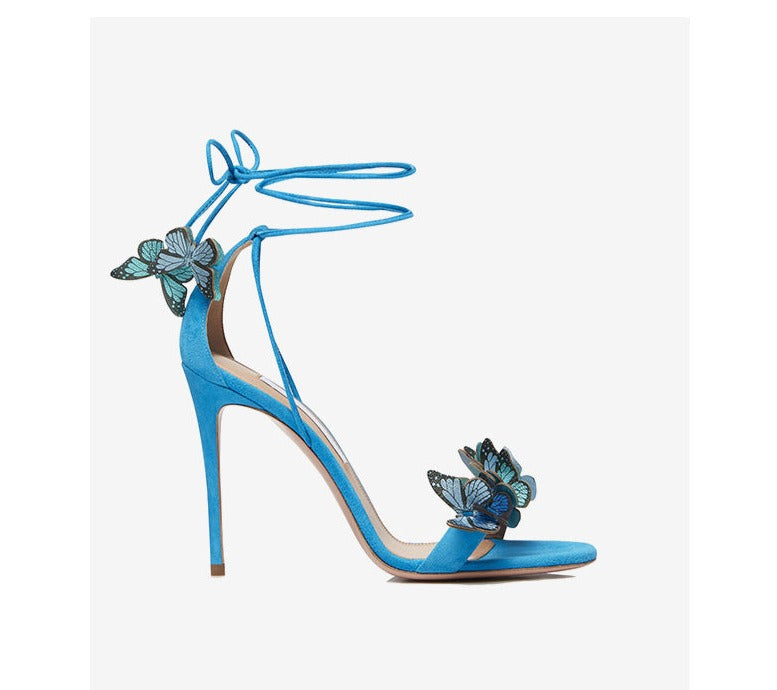 Blue Color Bow Ankle Strap Open Toe Stiletto Sandals- Lai
