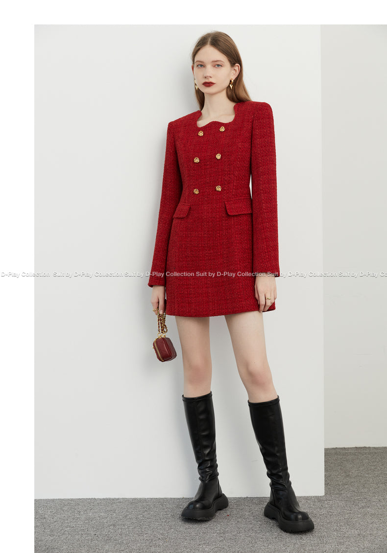 DPLAY2022 autumn and winter new small fragrance retro jam red irregular lace metal buckle tweed dress