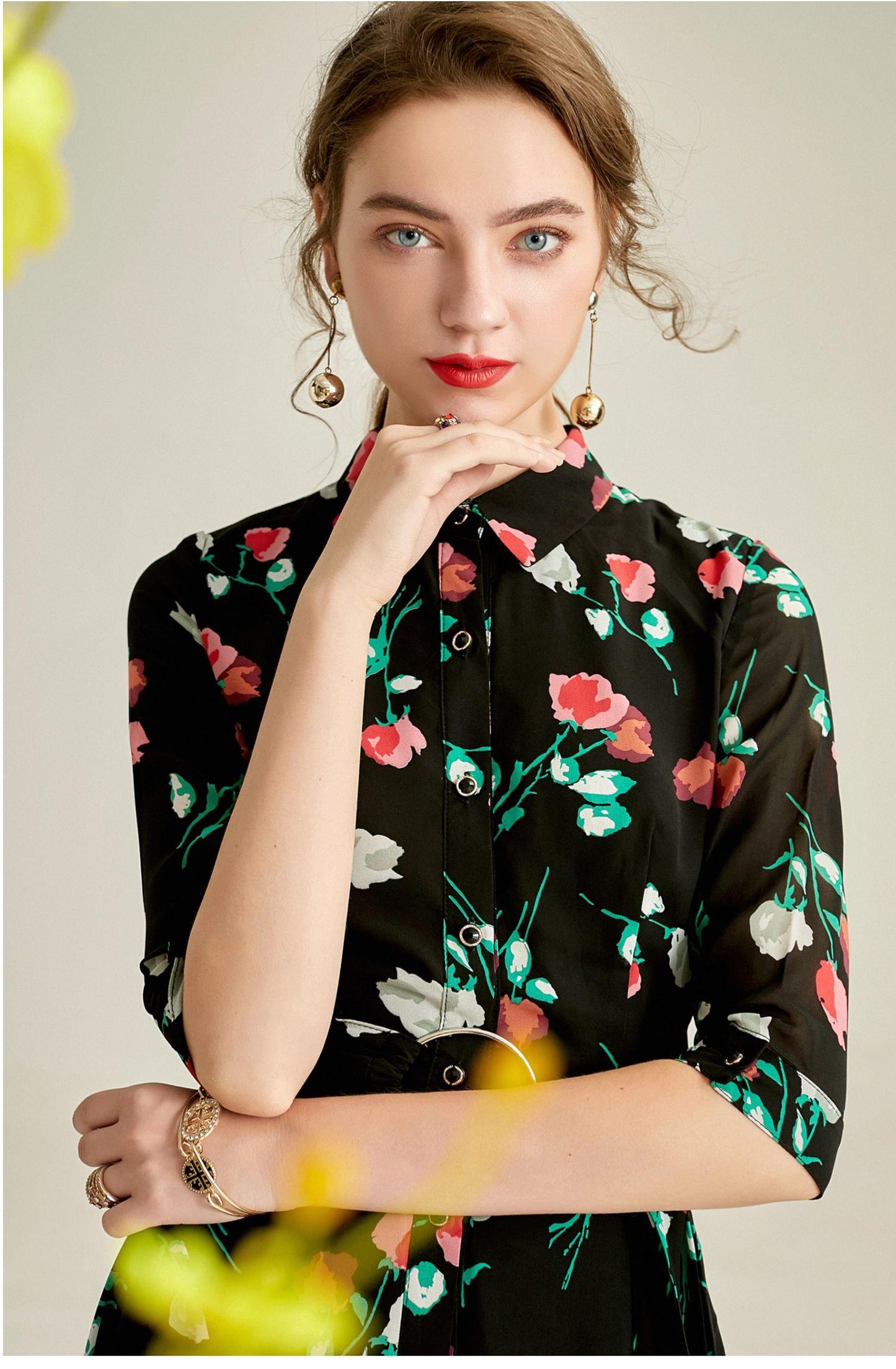 Designer lapel simple elegant floral print irregular swing chiffon lbd black floral dress - Inka