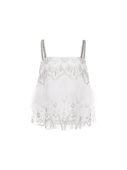 Wardrobes by Chen White sequin Strap Lace Loose Top High Waist Straight Pant-Lacey