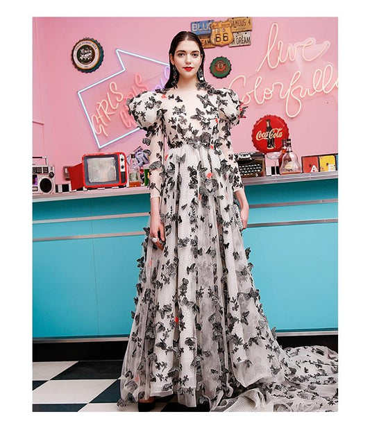 Heavy Industry Series Embroidered Dress train butterfly embroidery Trailing Designer Classical custom evening wedding dress gown - Aiva