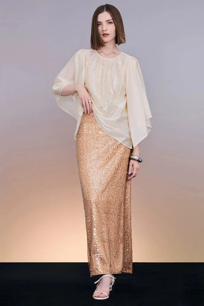 PURITY Elegant beaded top sleek sequin straight skirt- Sisal
