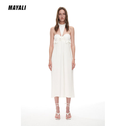MAYALI Bandeau suspender pressed pleated patchwork dress women's mid-length slip dress