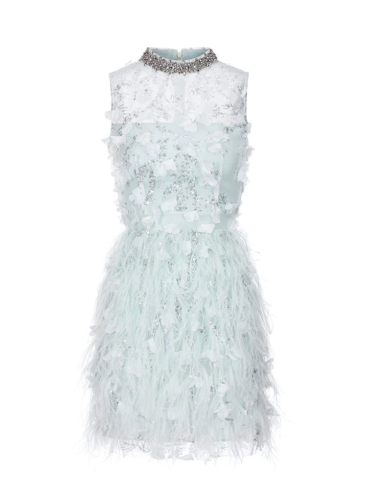 Wardrobes by Chen Elegant Blue Sleeveless Flower Feather Dress - Moji