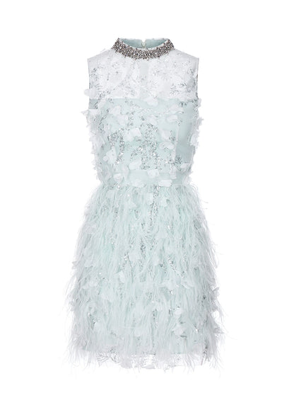 Wardrobes by Chen Elegant Blue Sleeveless Flower Feather Dress - Moji