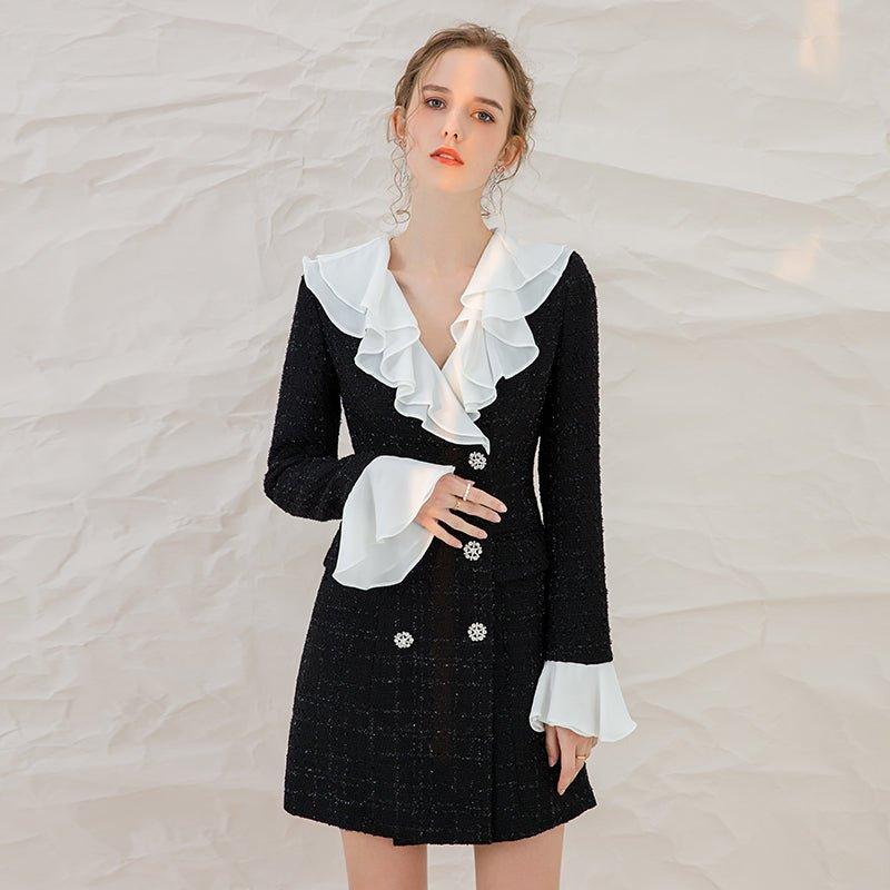 Luxury Black Tweed Autumn Winter Retro Double-Breasted Ruffle Neckline Dress - Shileo M Luxury Black Tweed Autumn Winter Retro Double-Breasted Ruffle Neckline Dress - Shileo M