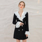 Luxury black tweed autumn winter retro double-breasted ruffle neckline dress - Shileo