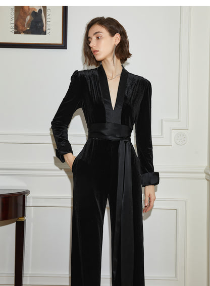 Black high-end V-neck velvet drape waist jumpsuit trousers- Shila