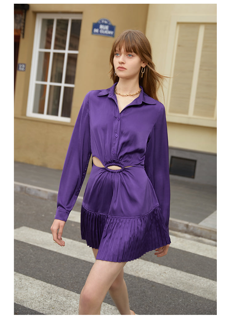 Polo collar satin long sleeve and short skirt dress- Clima L