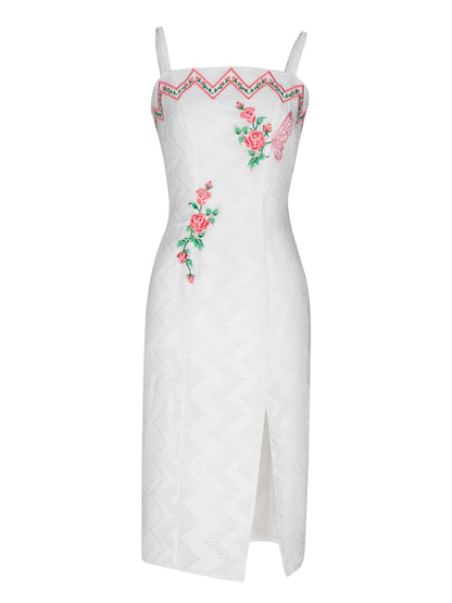 Magic Q rose embroidered cheongsam pressed pleated shaw jacquard front slit dress - Nuli
