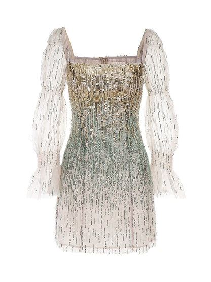 Wardrobes by Chen High End Golden Green multi color sequince mini dress-Serah