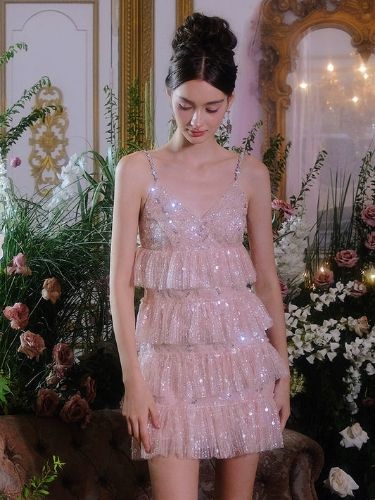Wardrobes by Chen Luxury Pink Sleeveless Sequin layer ruffle short Dinner Dress- Shaiko