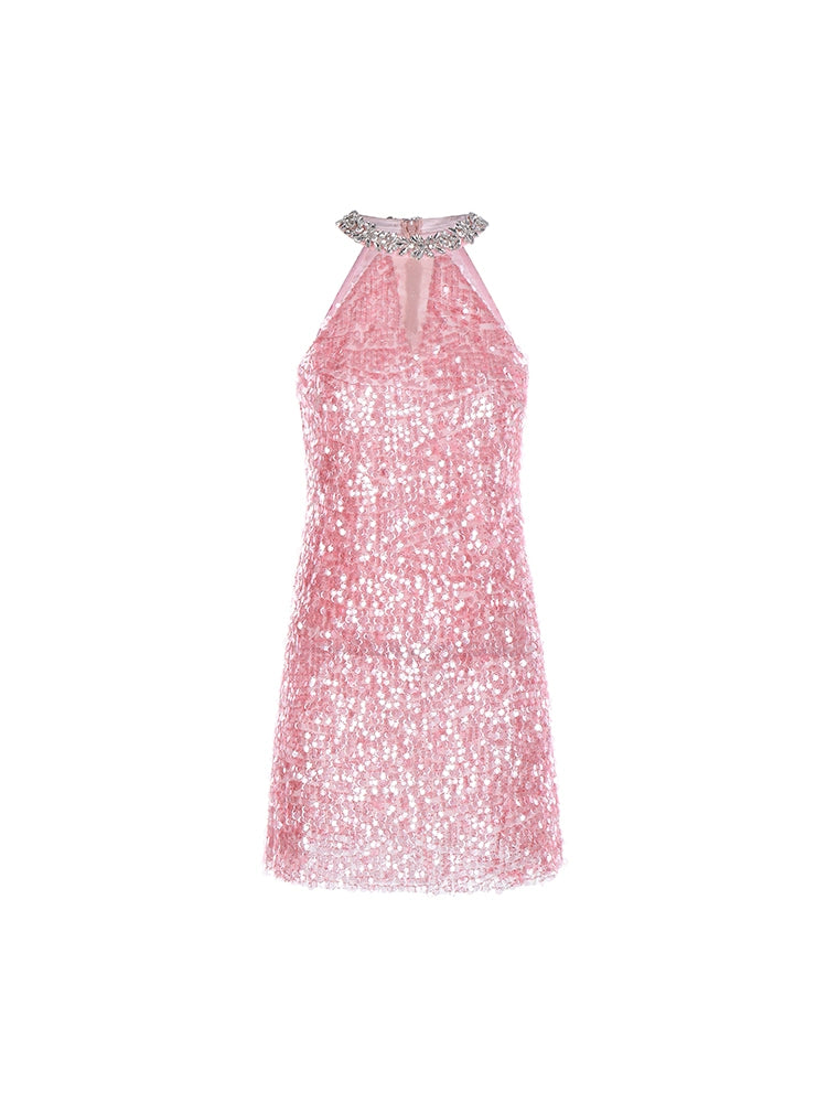 Wardrobes by Chen Luxury Sleeveless halter Sequin Short cocktail Dress- Limmi