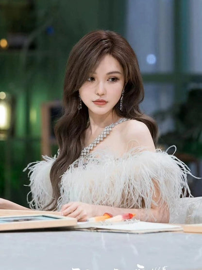 Wardrobes by Chen Luxury Off White Off Shoulder Feather Short Mini Party Dress-Genny