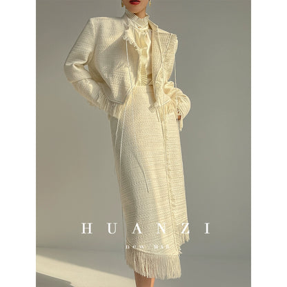 Huanzi French cream tweed tassel suit  skirt - Nikii