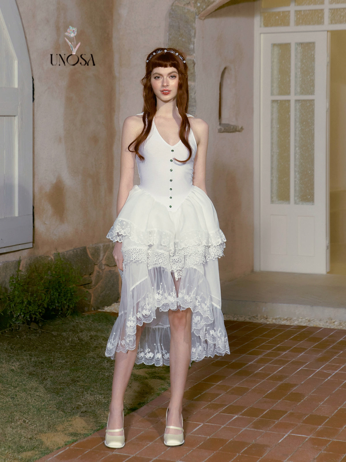 White gem layered irregular lace strapless hooded dress- Kimmi