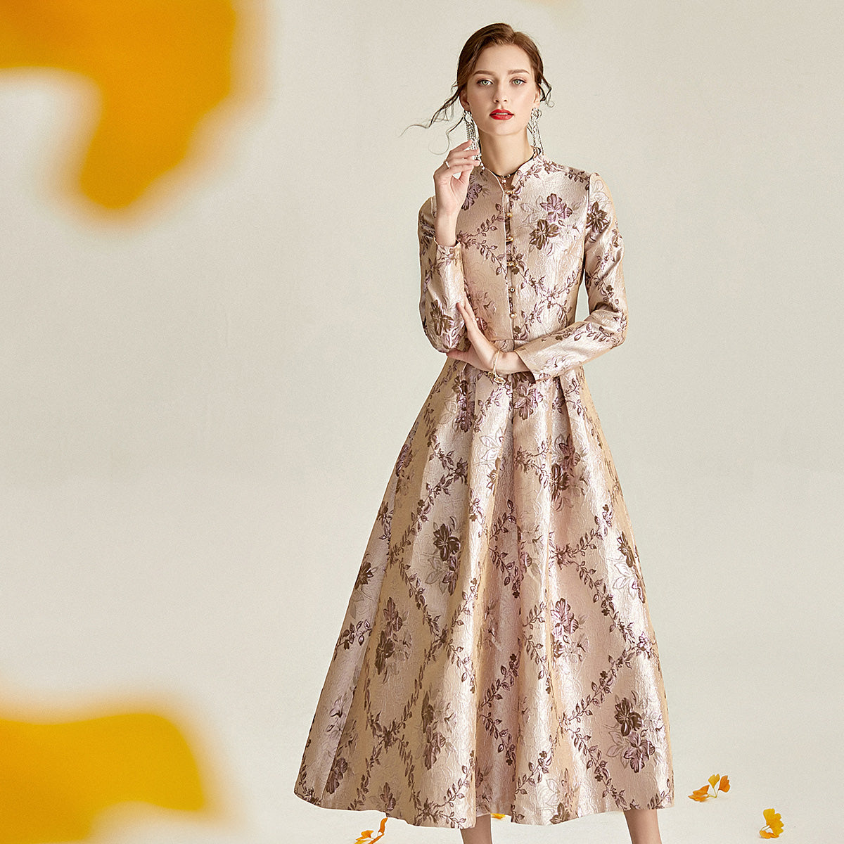 Long sleeve stand collar retro jacquard satin swing dress- Pilar – GOOD GIRL REBEL