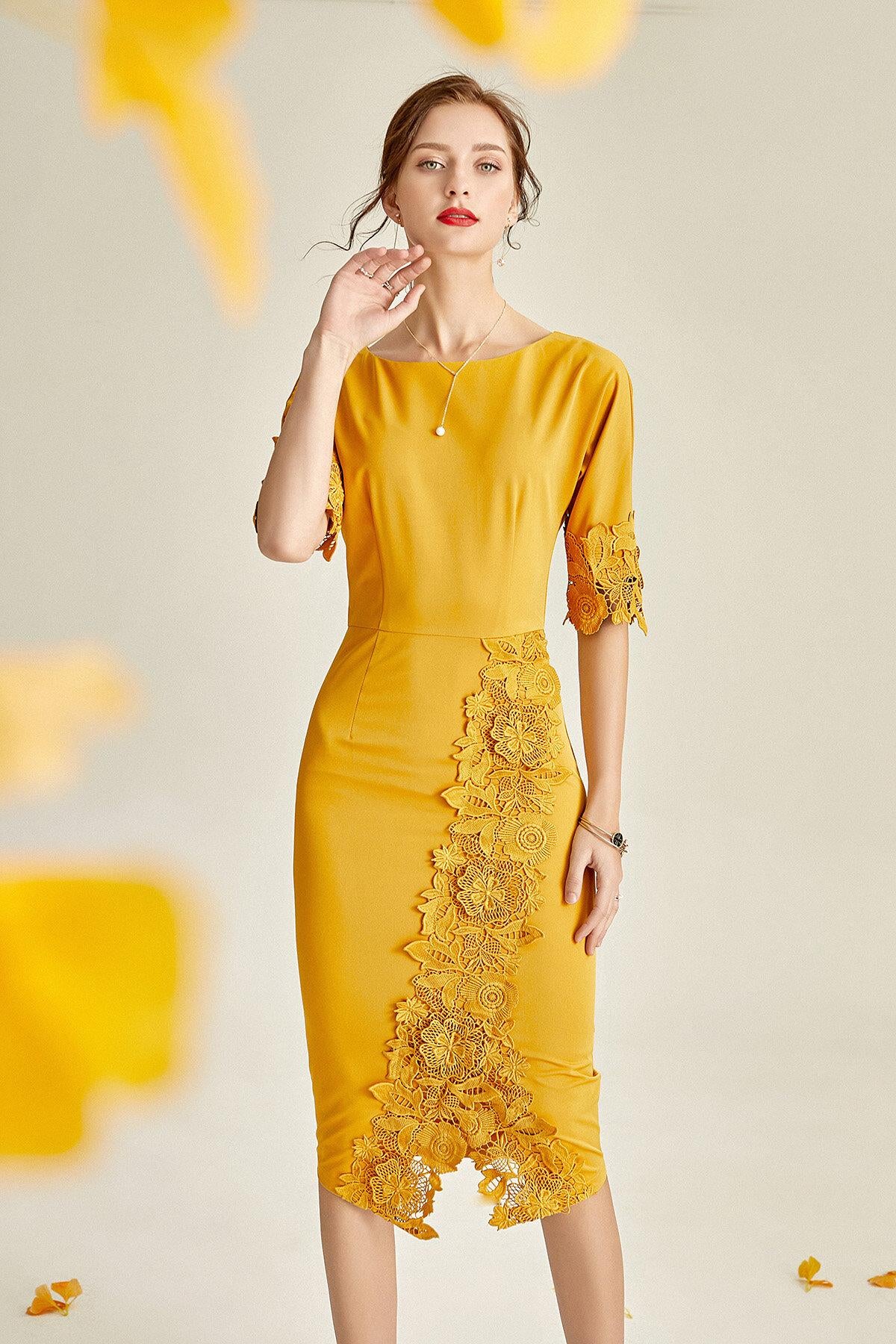 Spring and summer elegant mustard yellow lace pencil body con dress - French