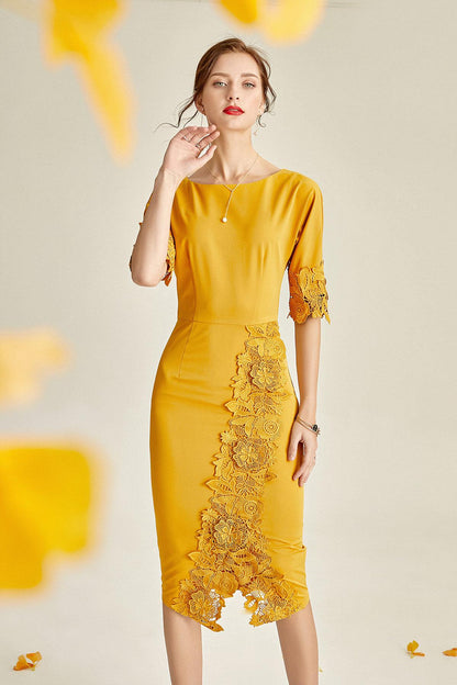 Spring and summer elegant mustard yellow lace pencil body con dress - French