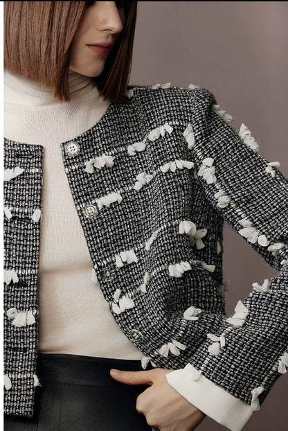 PURITY Exquisite design tweed three-dimensional short coat lambskin skirt- Saxa