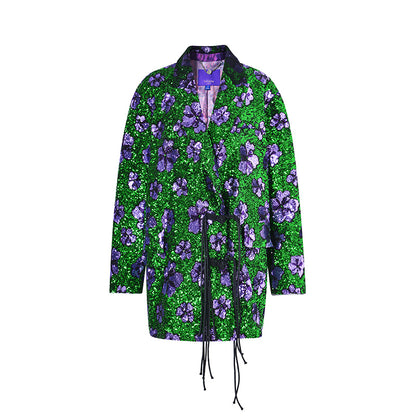 Exquisite designer gorgeously beaded long-sleeved purple print coat jacket + short set - Tatue