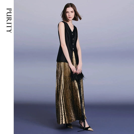 PURITY Luxury British style classic black vest lacquered dark gold pressed pleated skirt set- Lizzy