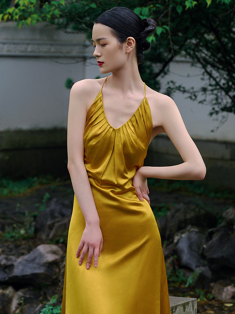 Gold Satin Fitted Maxi Gown halter neck wedding guest dress- Loa GOOD GIRL REBEL Gold Satin Fitted Maxi Gown halter neck wedding guest dress- Loa GOOD GIRL REBEL
