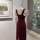 Retro fashion velvet petal sleeve one step skirt dress- Camer