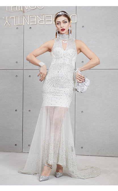 Deep V-neck sexy fashion tulle mesh fishtail skirt slim fit beaded sequins skirt  white dress- Olivia