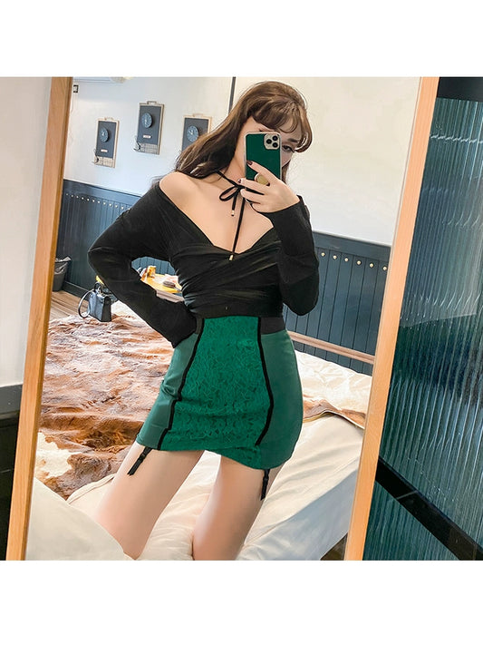 Le Palais Vintage Elegant Retro Emerald Lace Garter High Waist Short Skirt-Cathy.