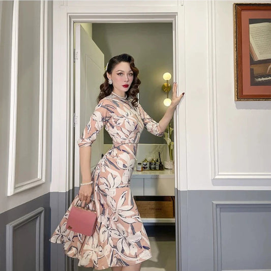 Le Palais Vintage Elegant Pink Gray Floral retro Dress-Judith