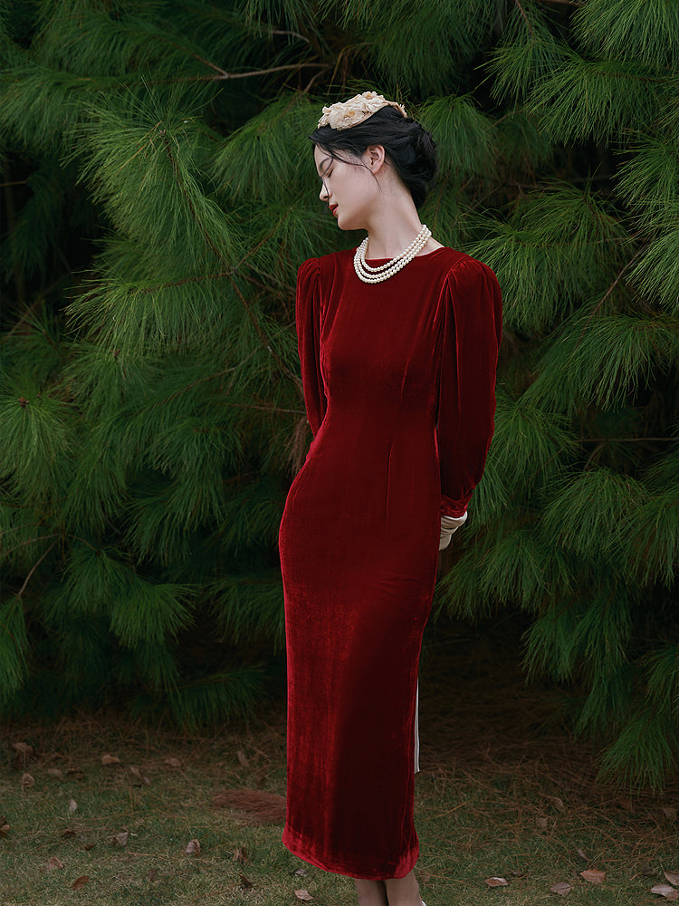 Retro red silk velvet puff sleeves backless white bow toast dress- Hel GOOD GIRL REBEL Retro red silk velvet puff sleeves backless white bow toast dress- Hel GOOD GIRL REBEL