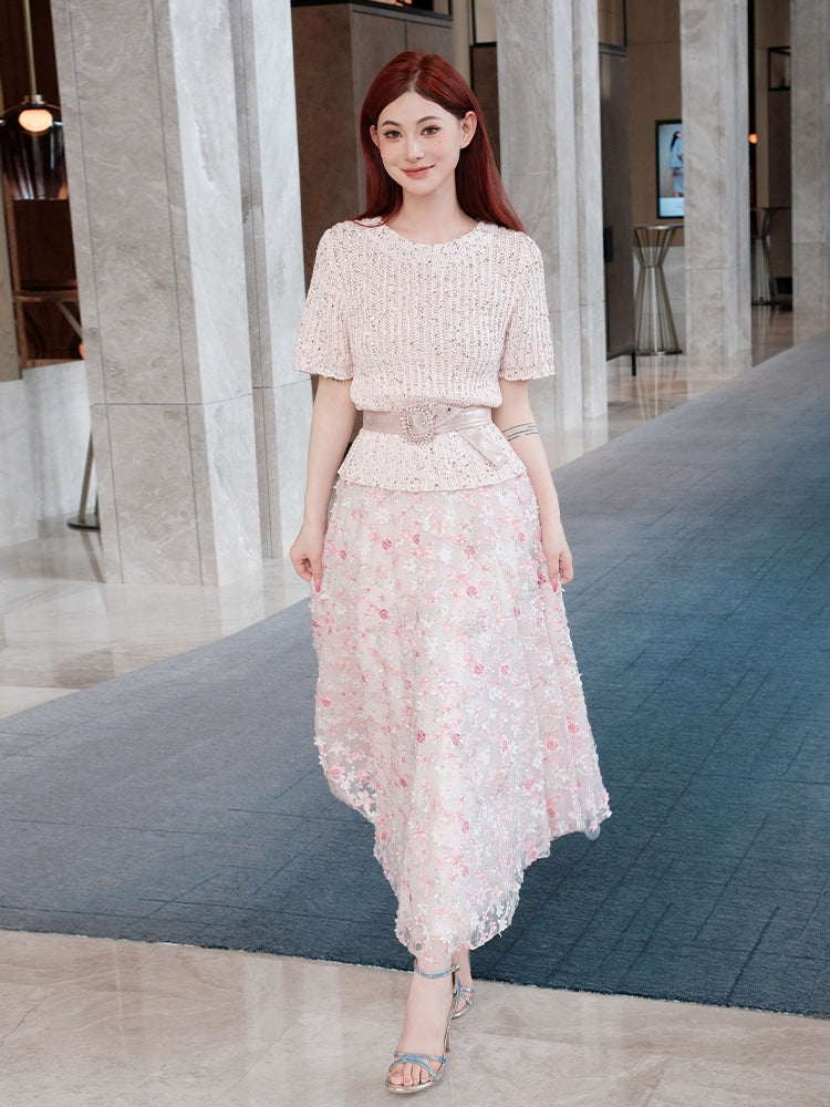 Wardrobes by Chen Elegant Pink Sequin Embroidered Long midi Skirt - Jiaa