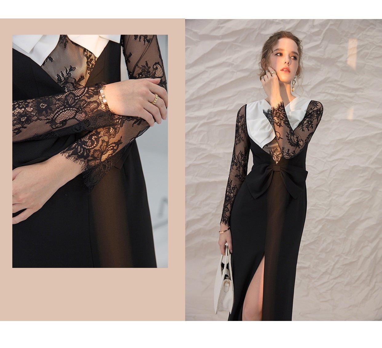 Lace stitching contrast bow high slit light luxury dress- Cia