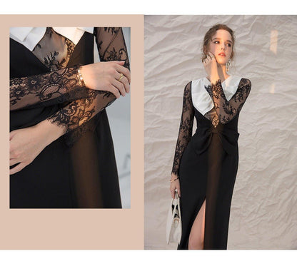 Lace stitching contrast bow high slit light luxury dress- Cia