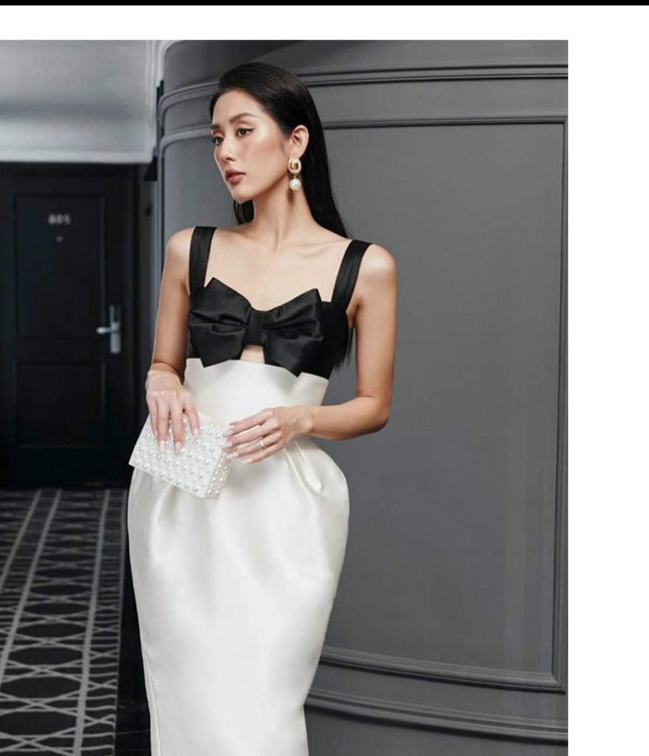 high end cocktail dress HIGH END CUT OUT FRONT BOW MIDI COCKTAIL DRESS