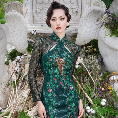 Magic Q's revamped cheongsam dark green lace print dress