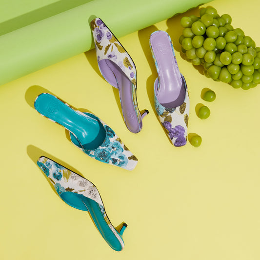 FEIFEI Original Niche Design Lavender Purple Flower Sheepskin Kitten Heel Sandals Slippers Muller Shoes- Vali