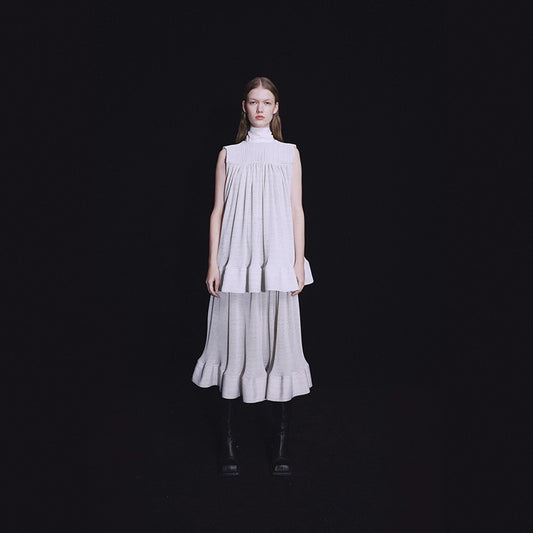 MAYALI sleeveless pleated crinkled half-turtleneck plaid panels loose skirt  top - Lilian