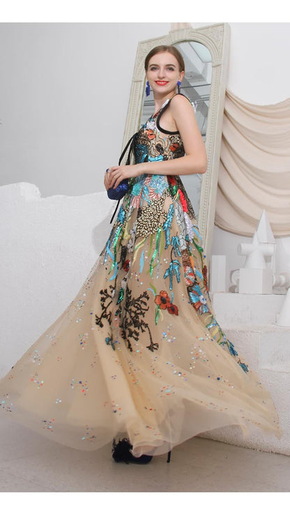 High-end Limited edition heavy work embroidery hand sequins de V-neck wedding evening gown dress  - Belize