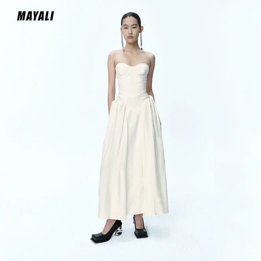 MAYALI mid-length beige elasticated waist zipper skirt - gilkj