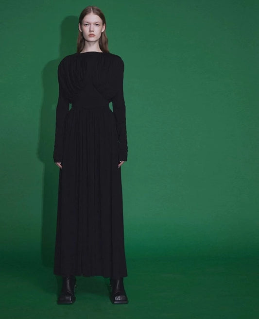 MAYALI crewneck split pleated midi length pleated dress - Leah